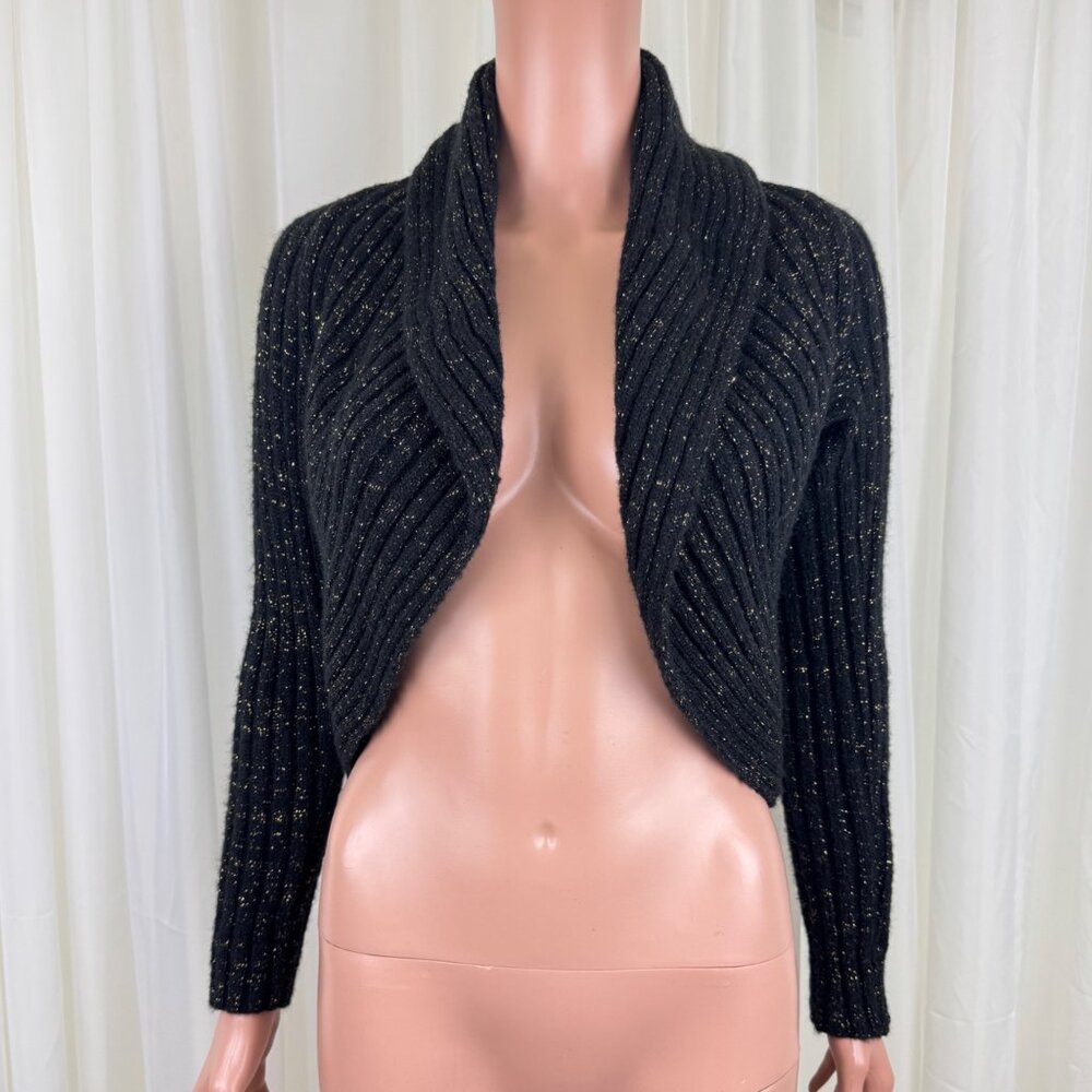 Porto Cervo Mohair Blend Open Front Cardigan Shawl Sweater Italy Sz MD Blk/Gold